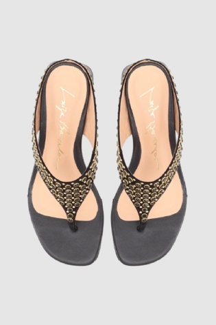 SANDÁLIA DE DEDO EM COURO PRETO COM APLICAÇÕES LUIZA BARCELOS