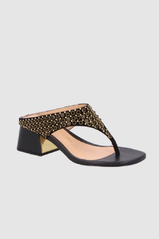 SANDÁLIA DE DEDO EM COURO PRETO COM APLICAÇÕES LUIZA BARCELOS